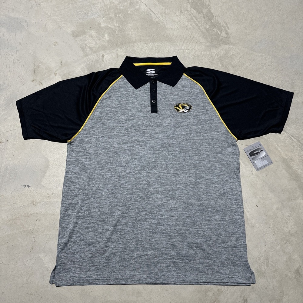 Men's Mizzou Tigers Short Sleeve Performance Golf Polo SZ XL NWT Grey Black Logo